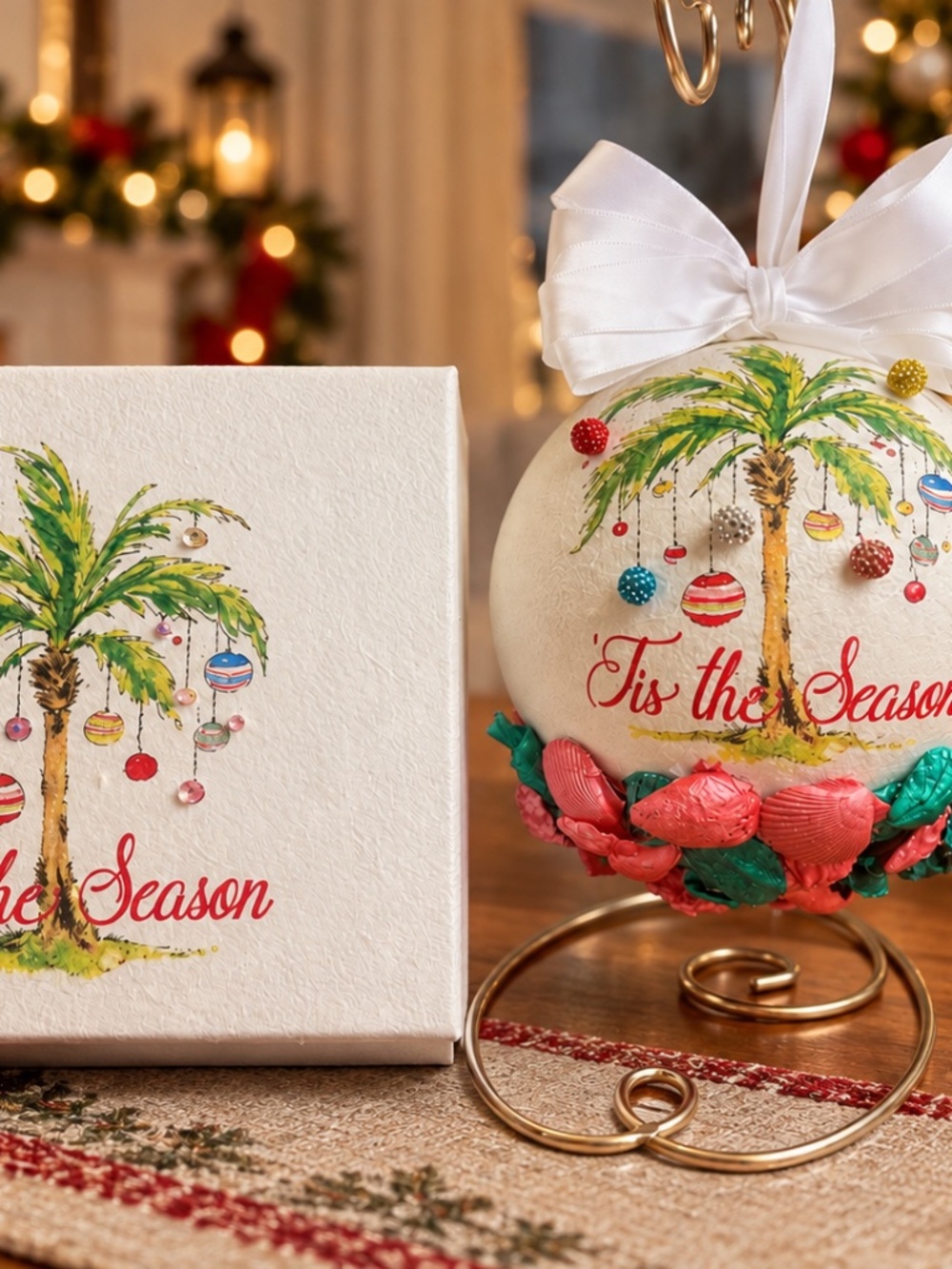 Coastal Christmas Ornament with Real Hand-Painted Seashells & Matching Keepsake